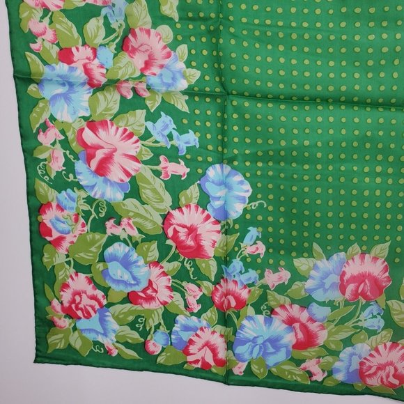Vintage Silk Scarf Square Green Pink Floral Polka Dot 29"  Hand Rolled - Picture 3 of 10